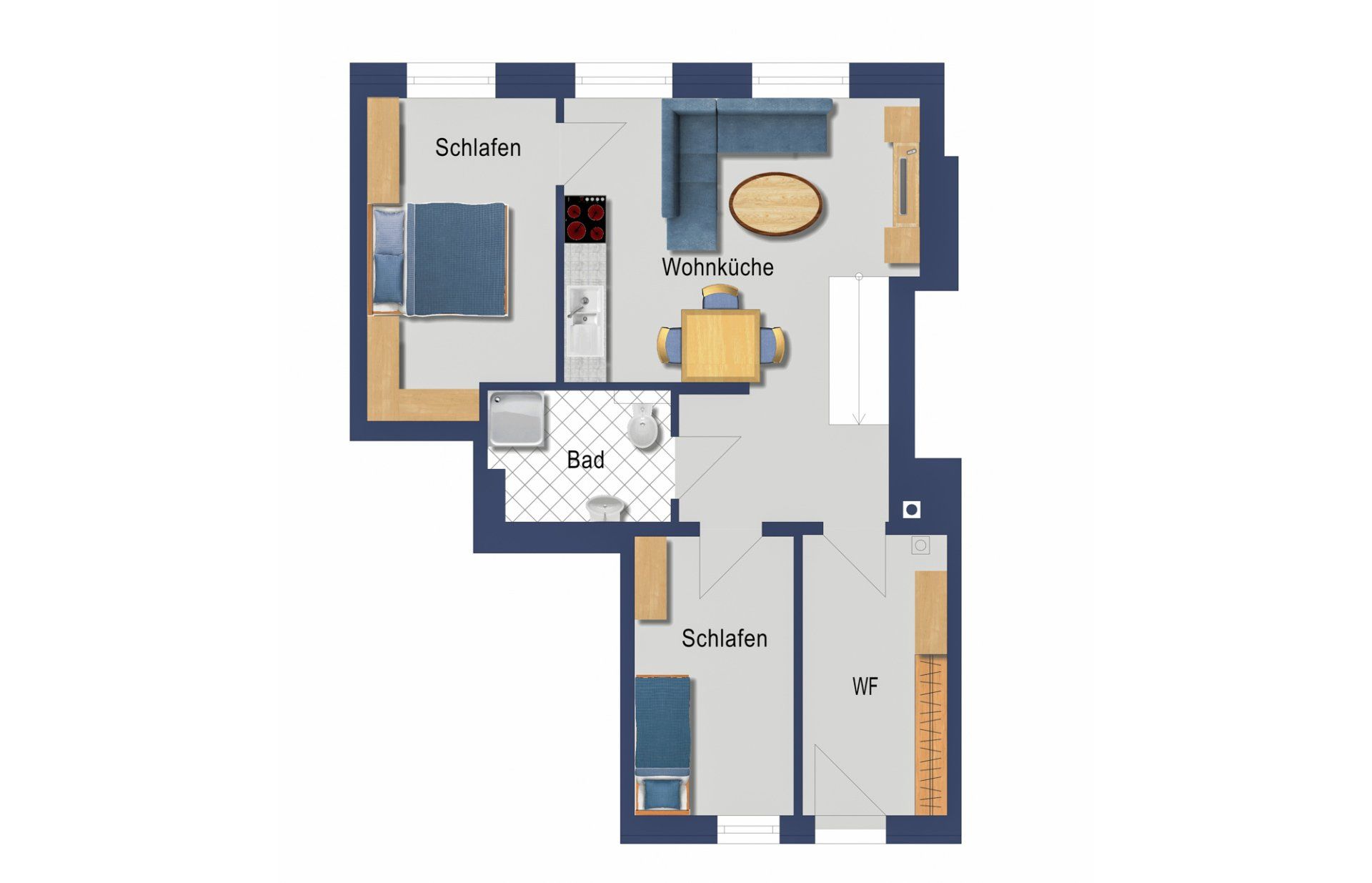 Grundriss der Wohnung 8 mit Schlafzimmer, Badezimmer, Wohnbereich und Küche.