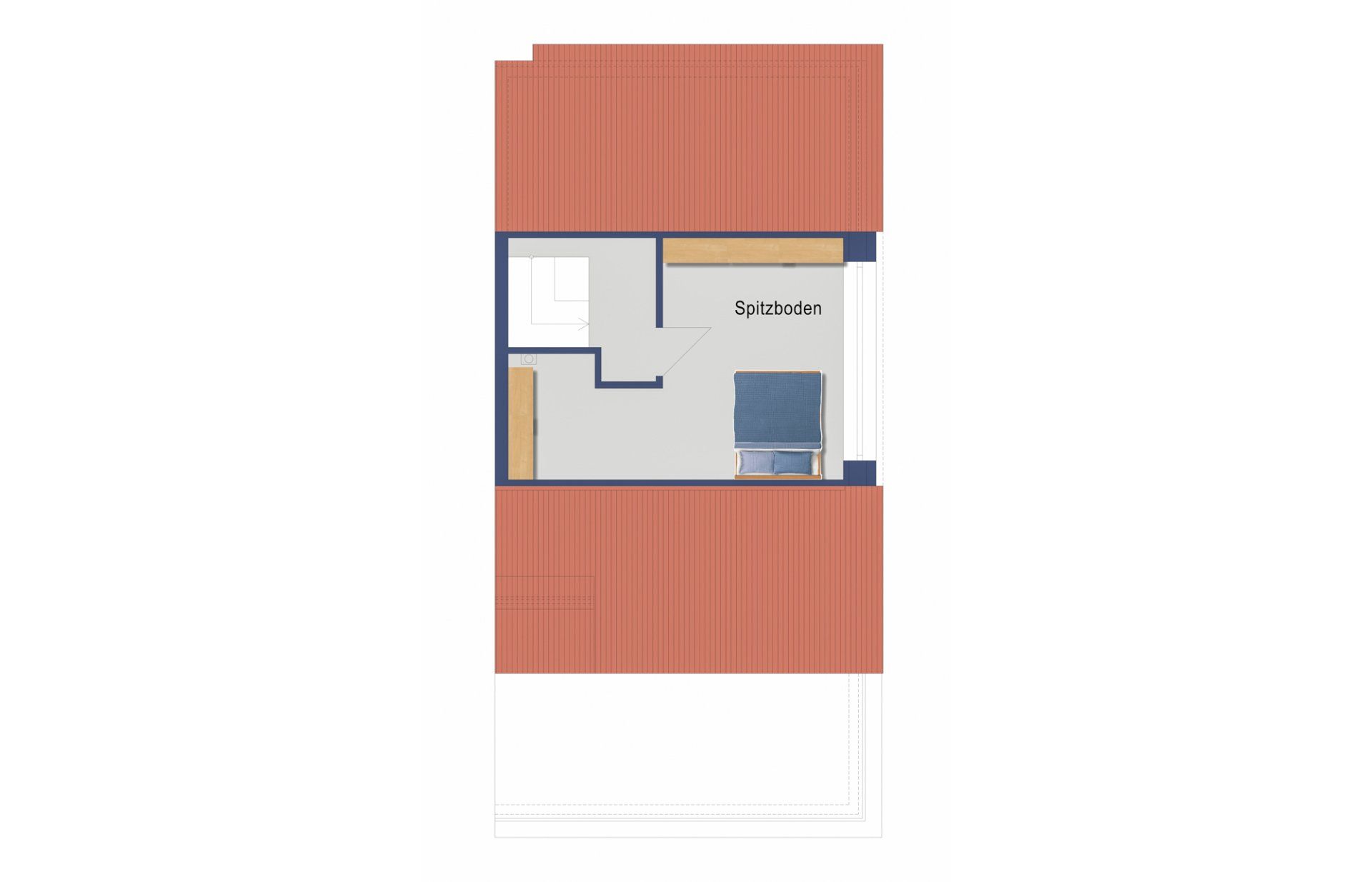 Grundriss eines Zimmers mit Bett, Schreibtisch und Badezimmer in einem Gebäude mit rotem Dach.
