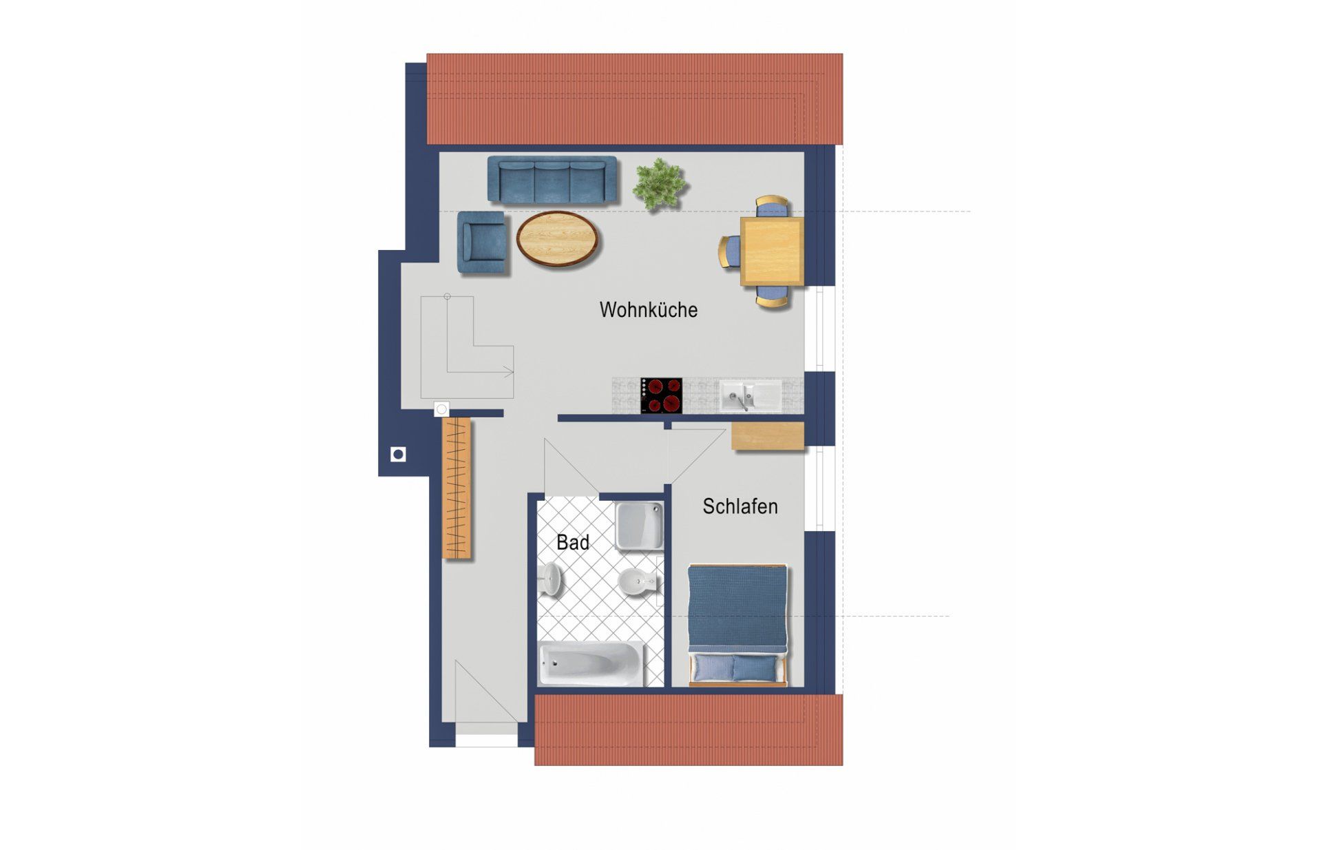 Grundriss einer kleinen Wohnung: Wohnbereich, Kochnische, Schlafzimmer und Badezimmer.