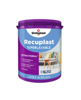 Cubo morado de pintura acrílica látex superlavable Sinteplast Recuplast con la imagen de una silla en la etiqueta.