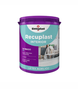 Cubo morado de pintura acrílica para interiores Sinteplast Recuplast con etiqueta color turquesa.