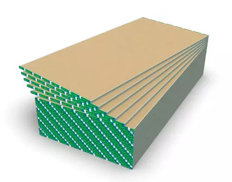 Apilamiento 3D de láminas compuestas de color verde y beige en capas, que muestra una esquina cortada.