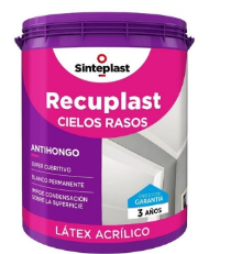 Cubo de pintura morada con la etiqueta “Sinteplast Recuplast Cielos Rasos” para techos, látex acrílico.