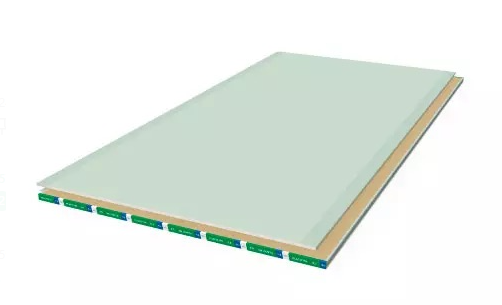 Apilamiento 3D de láminas compuestas de color verde y beige en capas, que muestra una esquina cortada.