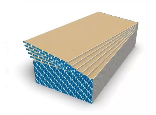 Apilamiento 3D de paneles superpuestos de color azul y beige que muestra una sección transversal de materiales comprimidos.
