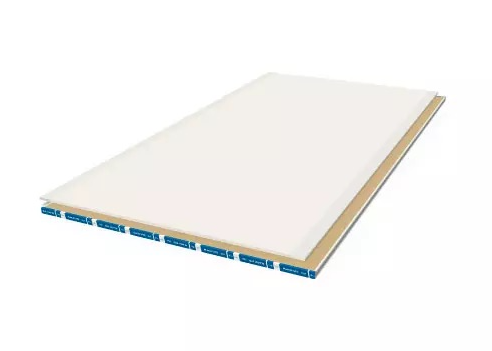 Apilamiento 3D de paneles superpuestos de color azul y beige que muestra una sección transversal de materiales comprimidos.