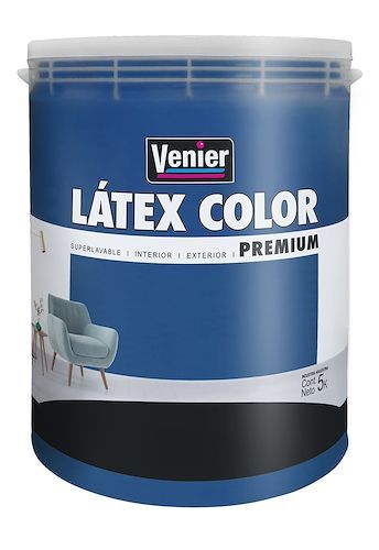 Cubo de pintura azul Venier LÁTEX COLOR PREMIUM con etiqueta del producto e ilustración de una silla.