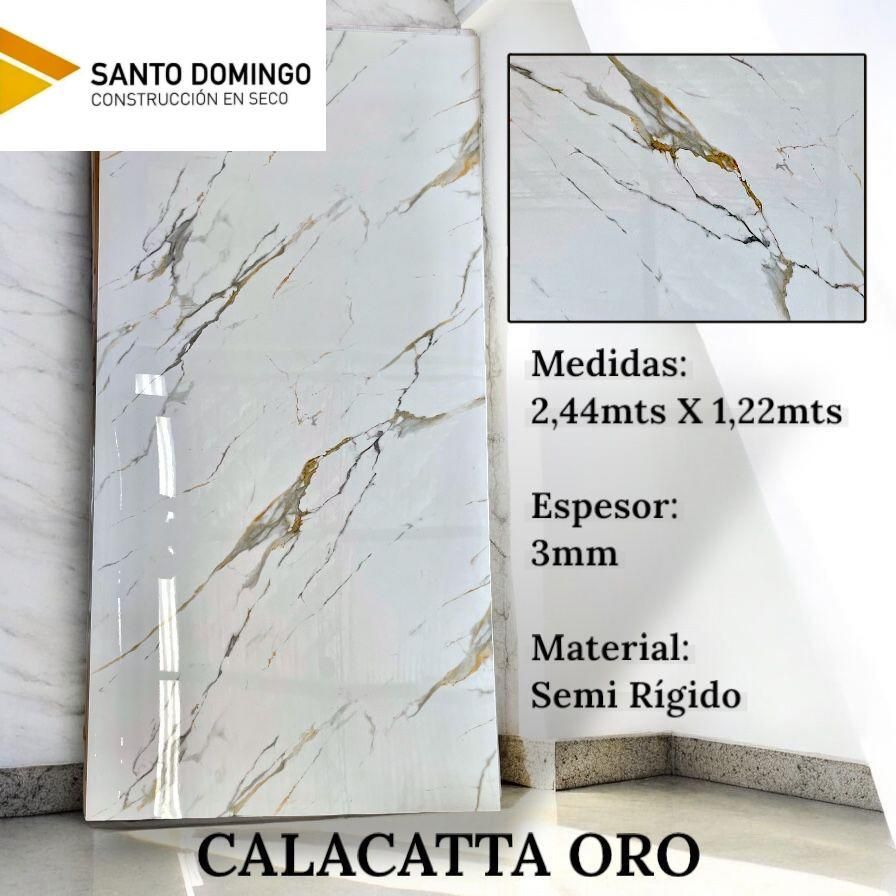 Panel con aspecto de mármol Calacatta Oro, blanco con vetas doradas, etiquetado como semirrígido de 3 mm, 2,44 m x 1,22 m
