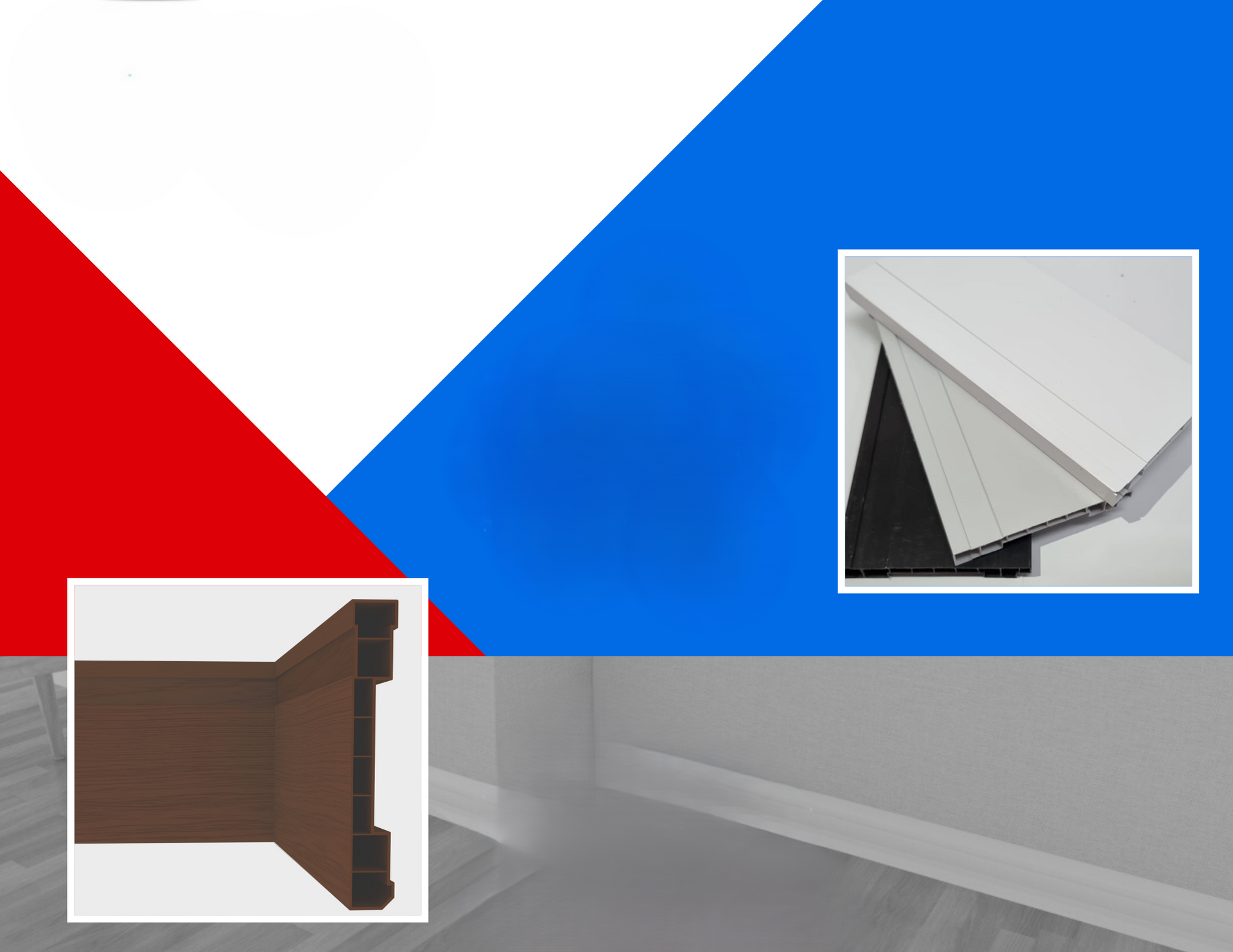 Bañera de perfiles en rojo, blanco y azul con detalles de unión blanca, esquina interna y externa