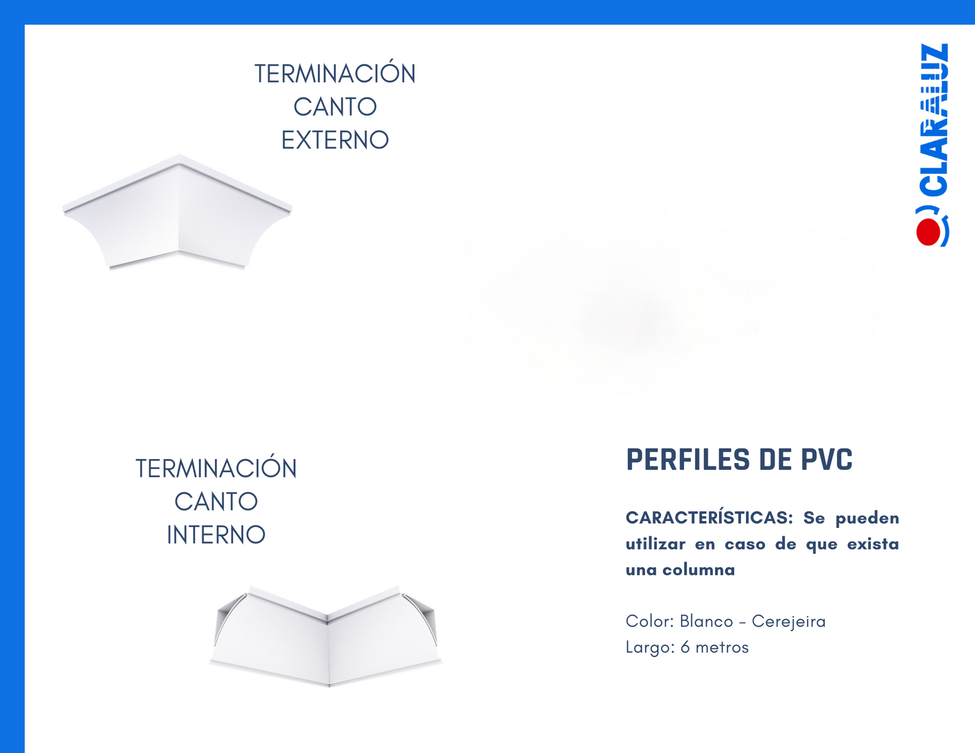Catálogo de perfiles de PVC blancos: terminación canto externo e interno.