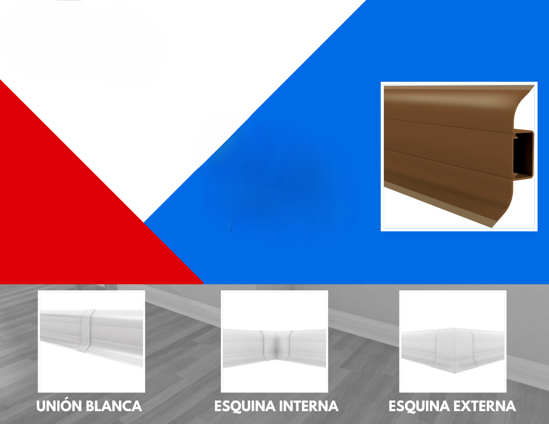 Bañera de perfiles en rojo, blanco y azul con detalles de unión blanca, esquina interna y externa