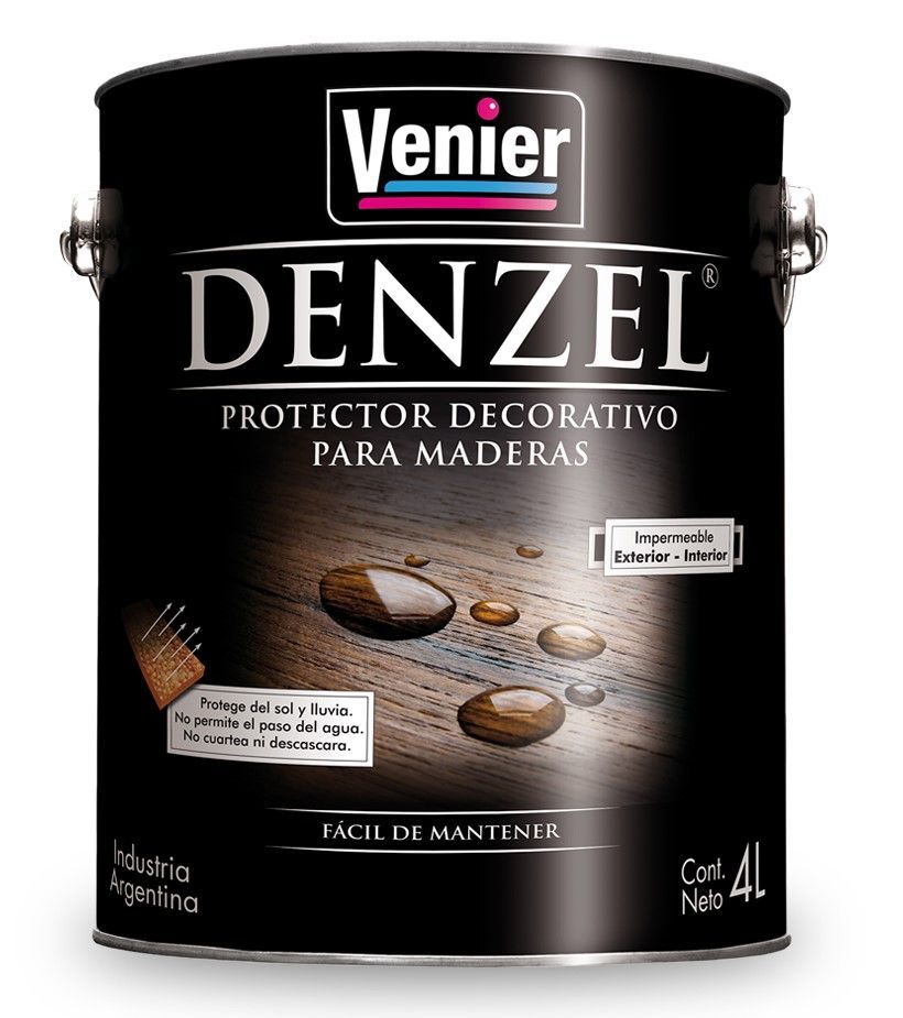 Lata de pintura negra etiquetada como protector de madera Venier Denzel, acabado decorativo