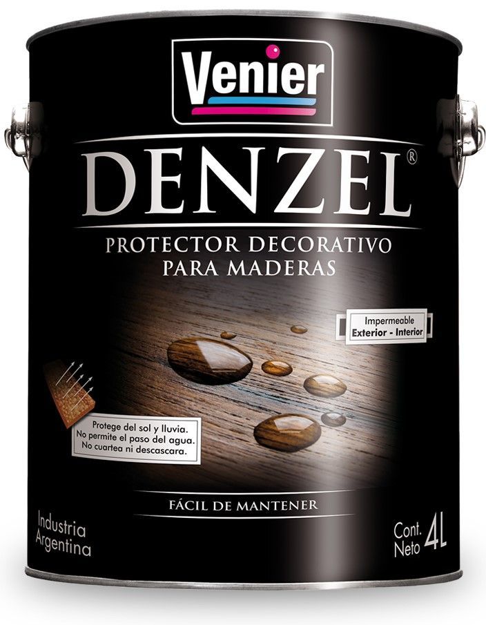 Lata de pintura negra con la etiqueta “DENZEL”, acabado decorativo protector para madera en tablones de madera.