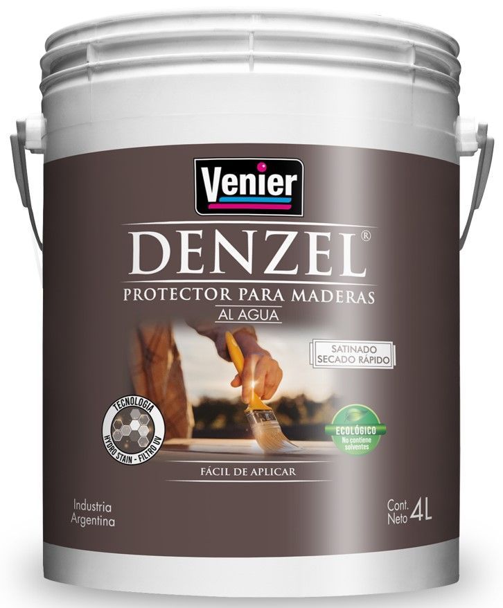 Cubo blanco de protector de madera Venier Denzel, etiqueta marrón oscuro, 4 litros, con imagen de un caballo.