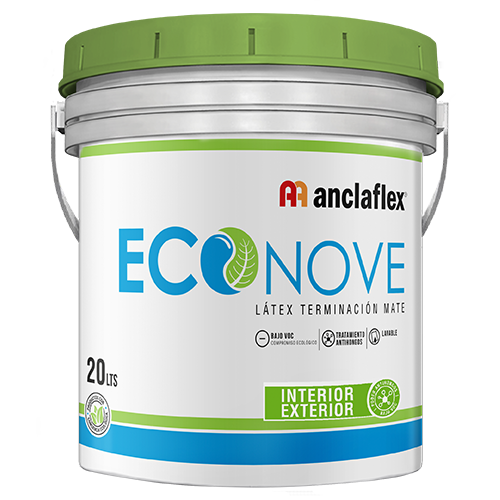 Cubo de pintura Anclaflex Econove blanco con tapa verde y etiqueta azul verdosa, para uso interior y exterior.