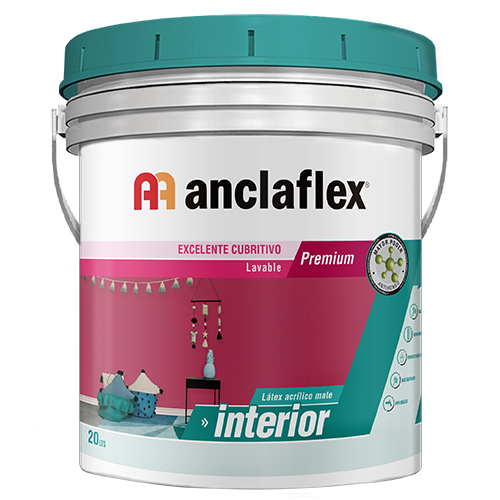 Cubo de pintura Anclaflex blanco con tapa turquesa y etiqueta rosa para uso interior.