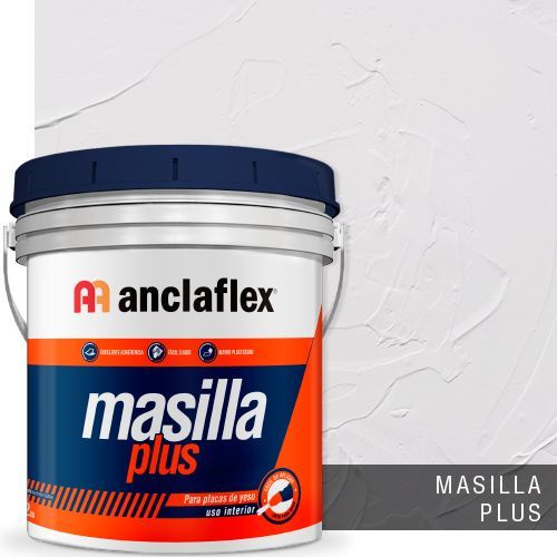 Cubo de masilla Anclaflex Masilla Plus con tapa azul sobre fondo blanco texturizado.