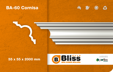Cornisa decorativa blanca sobre fondo naranja, etiquetada como BA-35 Cornisa, 33 x 33 x 2000 mm.