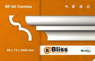 Anuncio de producto en color naranja para la moldura de cornisa BF-50, perfil blanco, 40 x 45 x 2000 mm, marca Bliss.