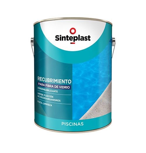 Lata de pintura para revestimiento de piscinas Sinteplast con etiqueta turquesa y blanca sobre fondo blanco.