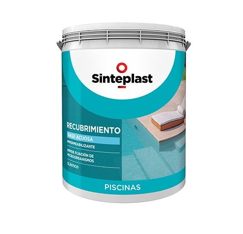 Lata de pintura para revestimiento de piscinas Sinteplast blanca y turquesa con tapa metálica y etiqueta del producto.