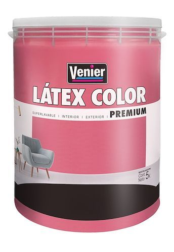 Cubo de pintura rosa Venier LÁTEX COLOR Premium con ilustración de una silla en la etiqueta.