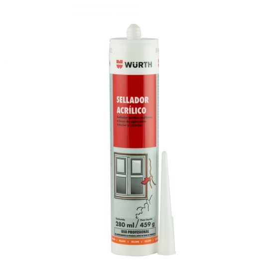 Tubo de sellador acrílico Würth con etiqueta roja y boquilla blanca sobre fondo blanco.