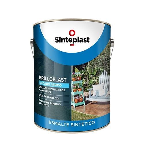 Lata de pintura blanca con etiqueta azul para esmalte sintético Sinteplast Brilloplast.