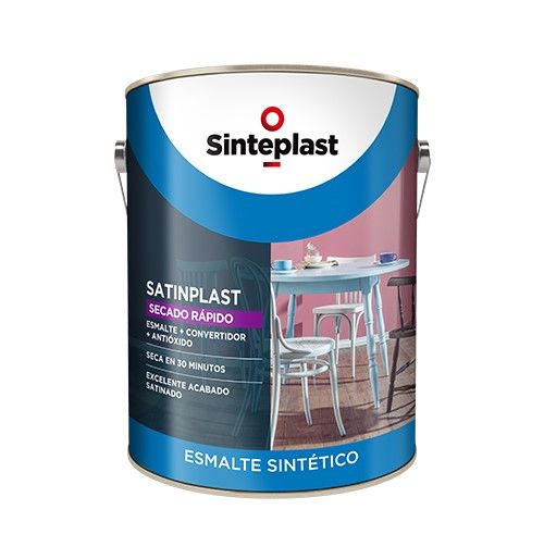 Lata de pintura de esmalte sintético rosa metalizado Sinteplast Satinplast con etiqueta azul y diseño gráfico para comedor.
