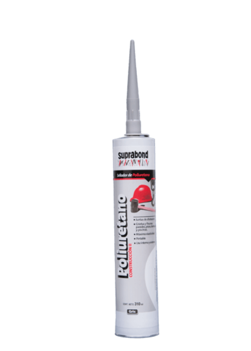 Tubo de sellador blanco con boquilla gris y etiqueta roja, colocado en posición vertical sobre un fondo blanco.