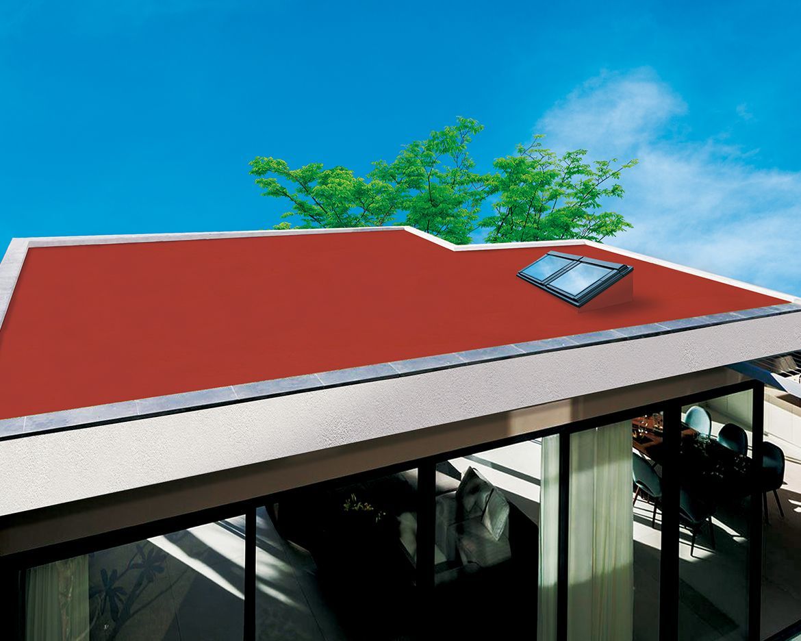 Cubo de pintura Anclaflex naranja y blanco sobre una superficie gris texturizada, etiquetado como “techos”.