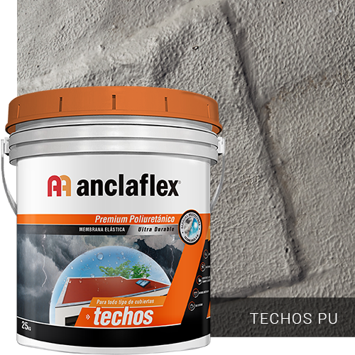 Cubo de pintura Anclaflex naranja y blanco sobre una superficie gris texturizada, etiquetado como “techos”.