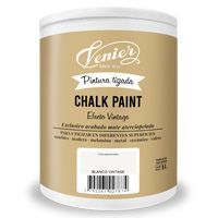 Envase blanco de pintura a la tiza Venier con etiqueta dorada y texto negro sobre fondo blanco.