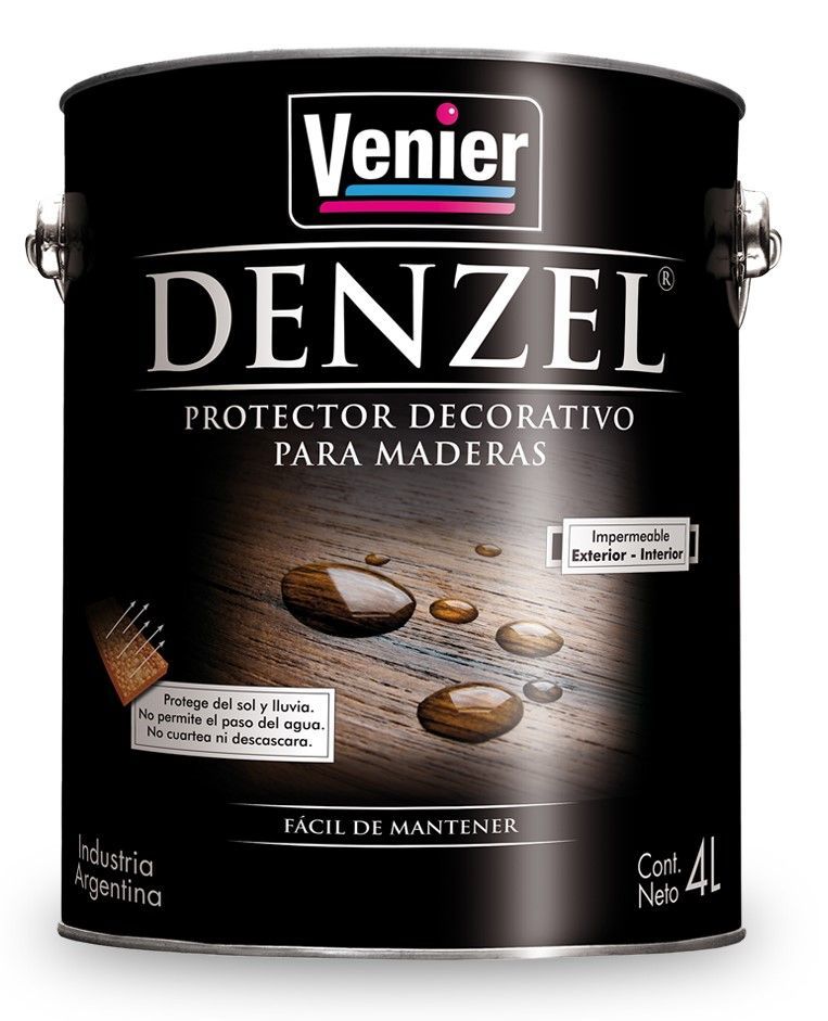 Lata negra de protector decorativo para madera Venier Denzel con texto dorado e imagen de acabado de madera.