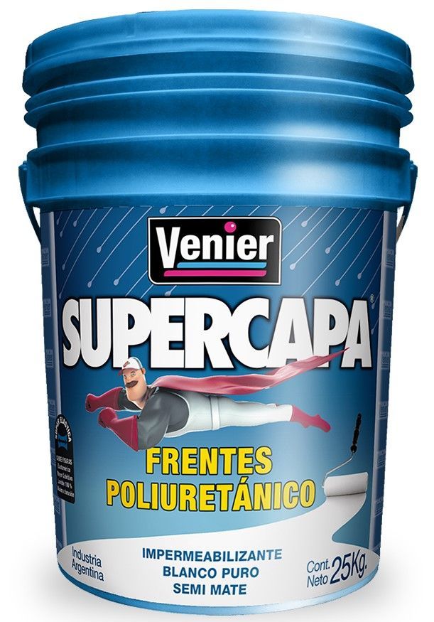 Contenedor azul Venier Supercapa para frentes de poliuretano, con gráfico de nadador y tapa blanca.
