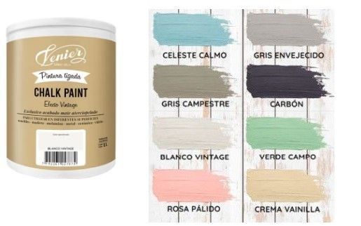 Envase blanco de pintura a la tiza Venier con etiqueta dorada y texto negro sobre fondo blanco.