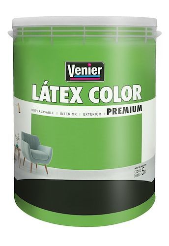 Cubo de pintura rosa Venier LÁTEX COLOR Premium con ilustración de una silla en la etiqueta.
