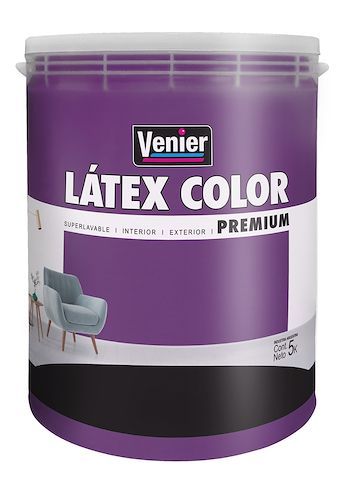 Cubo de pintura azul Venier LÁTEX COLOR PREMIUM con etiqueta del producto e ilustración de una silla.