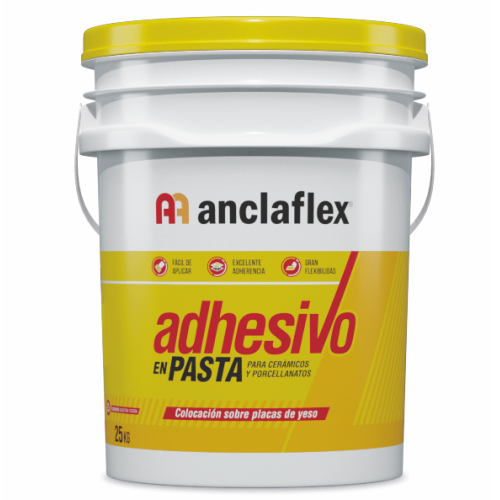 Cubo de pasta adhesiva Anclaflex blanco y amarillo con etiqueta roja y tapa amarilla.