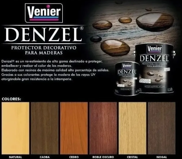Lata negra de protector decorativo para madera Venier Denzel con texto dorado e imagen de acabado de madera.