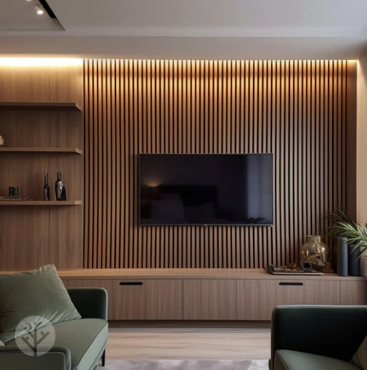 Sala de estar moderna con pared revestida de listones de madera para el televisor, pantalla plana montada, estantes