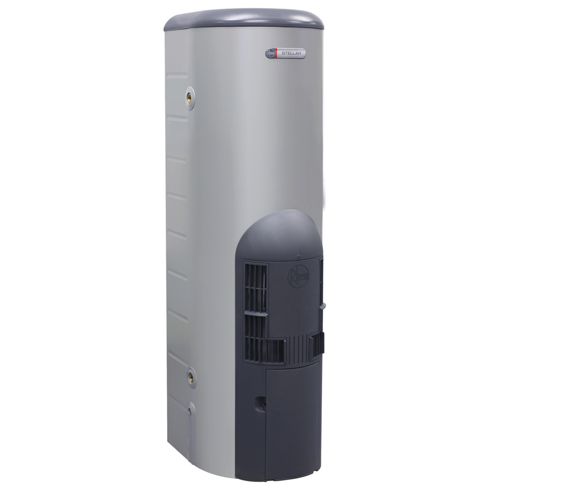 Tall, silver water heater with a dark gray lower section and top.