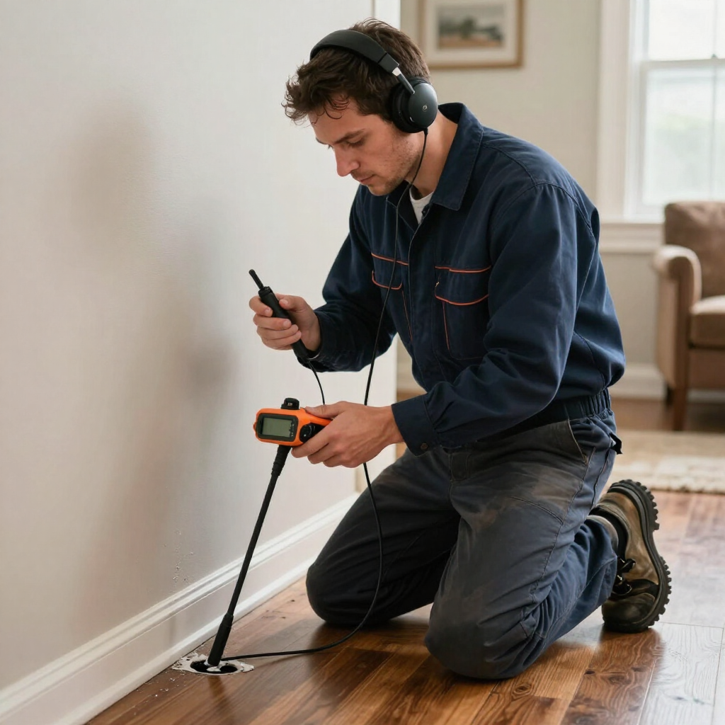 Licensed plumber locating a hidden wall leak using acoustic sensors