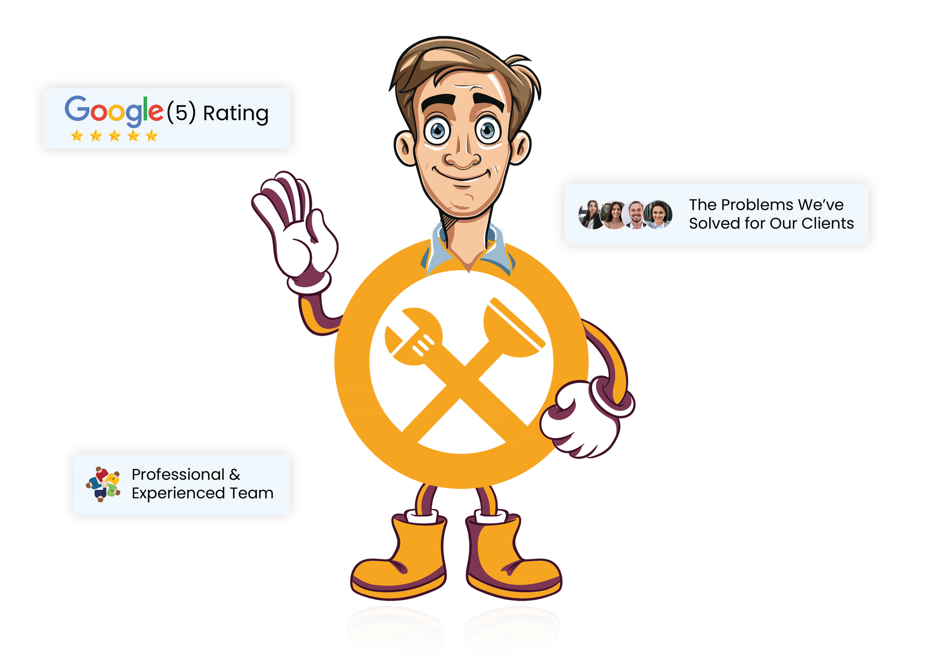 Cartoon character with tools icon, Google rating, testimonials, and personalized team badges.