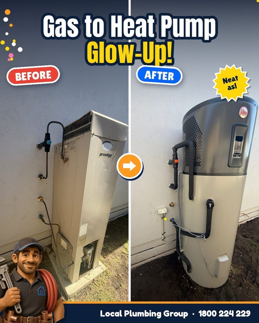 Before and after: old gas hot water unit replaced with a new heat pump