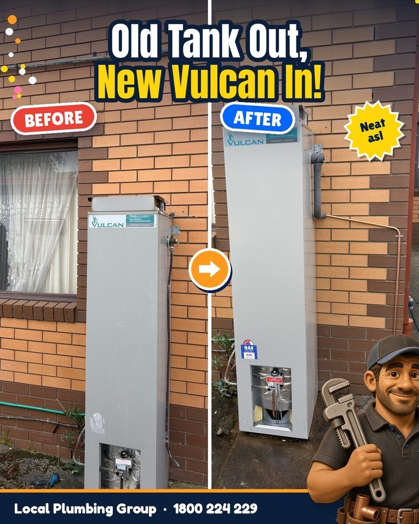 Before and after: Old gas storage tank replaced with a new Vulcan on a brick wall