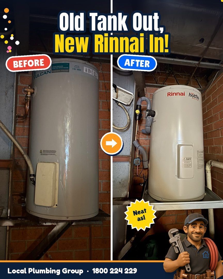 Before and after: Grubby old electric tank in a cupboard replaced with a new Rinnai on a stand