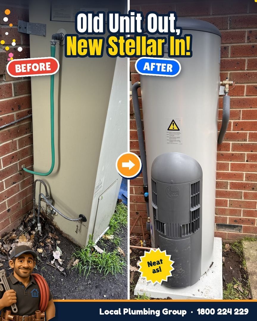 Before and after: Old hot water unit replaced with a new Stellar