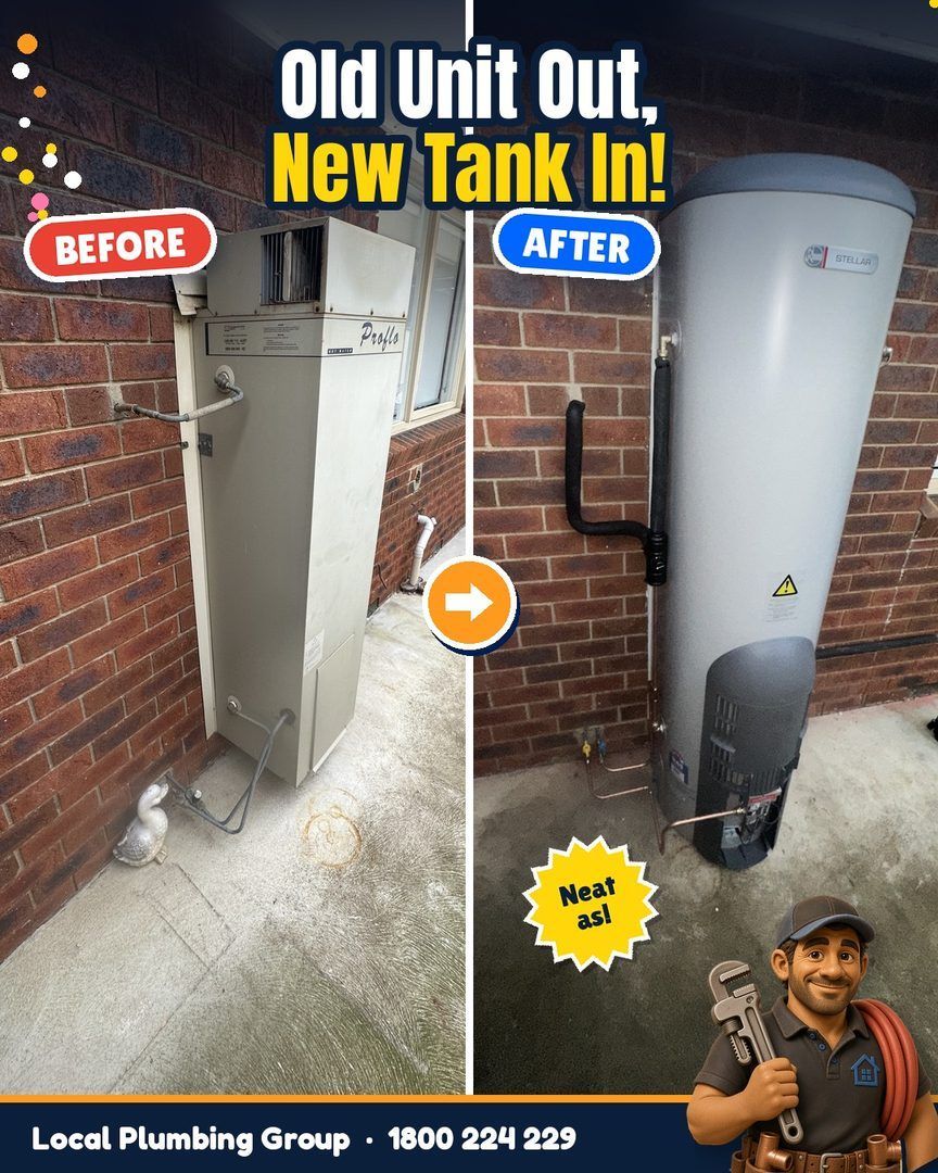 Before and after: Old hot water unit replaced with a new tank