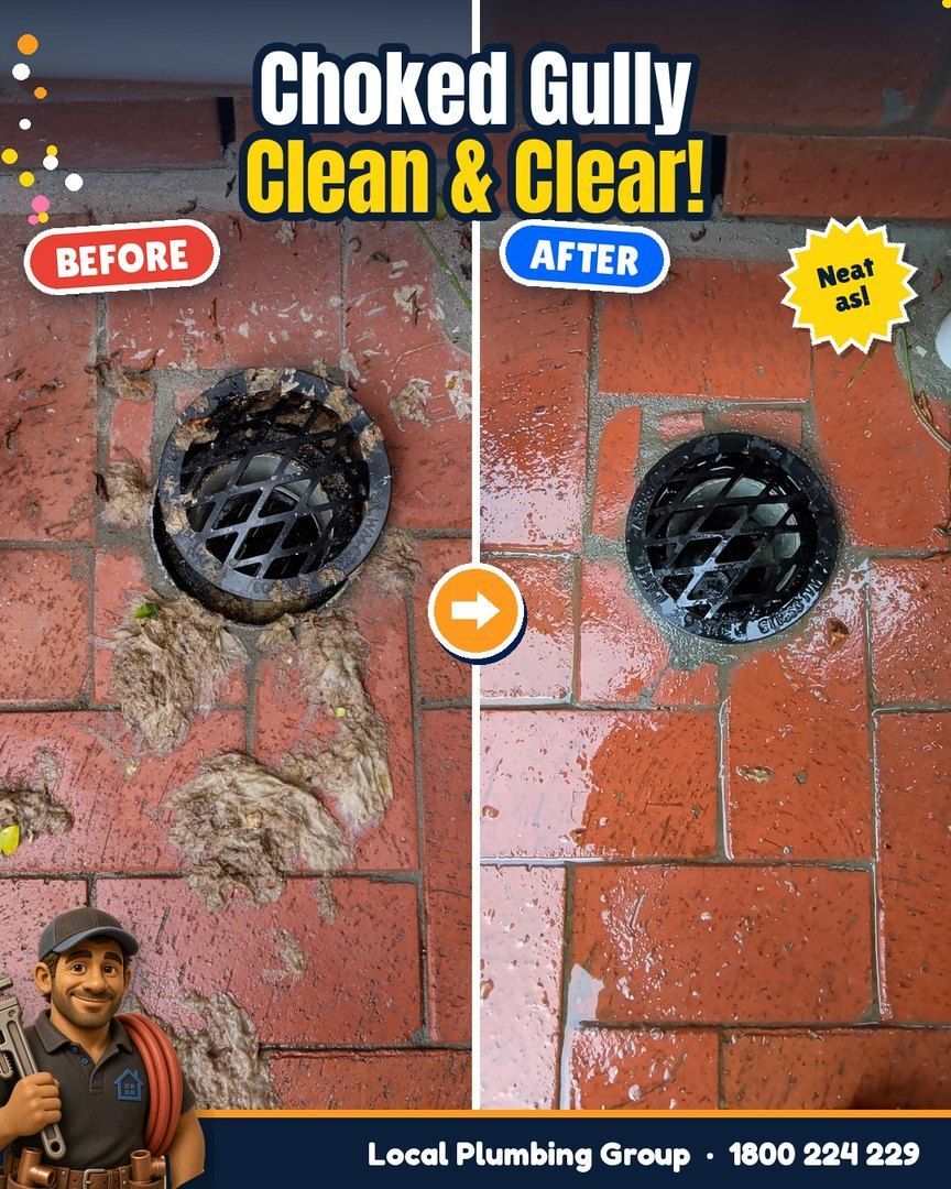 Before and after: Choked gully grate in red pavers, cleaned and washed clear